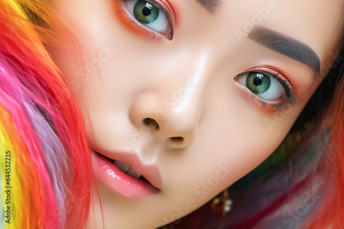 a beautiful young woman with mesmerizing rainbow-colored hair and eye-catching makeup. Her vivid rainbow style takes center stage in this close-up fashion shot. Generative AI.