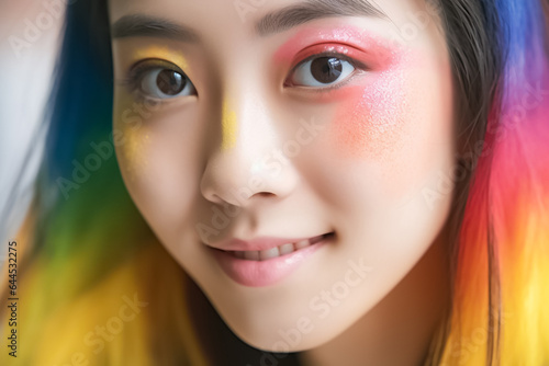 Wallpaper Mural a beautiful young woman with mesmerizing rainbow-colored hair and eye-catching makeup. Her vivid rainbow style takes center stage in this close-up fashion shot. Generative AI. Torontodigital.ca