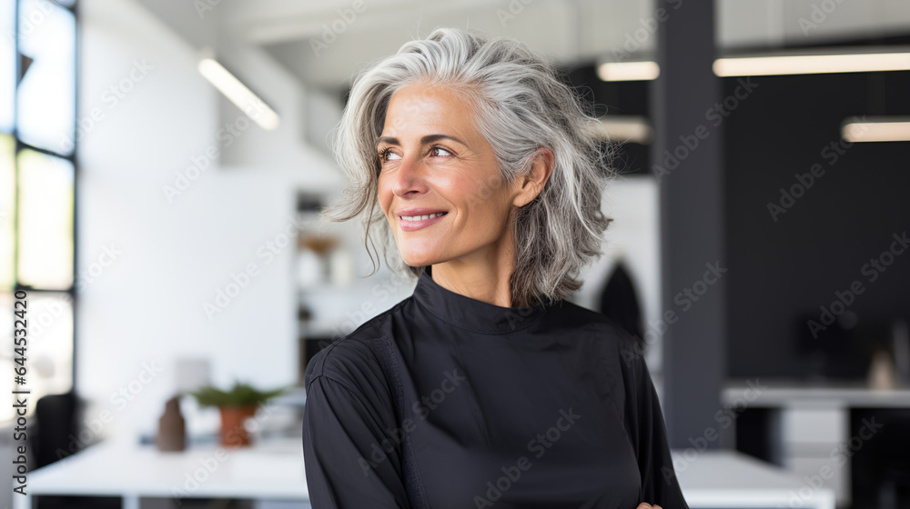 Obraz premium An Side view of modern senior female fashion designer gray hair wearing dark shirt standing in office, pose full of confidence and relaxed.