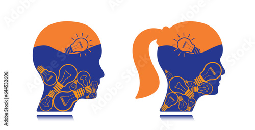 Human head with lightbulb in liquid, creative business and mental health illustration. Man, woman head vector graphic to use in business, brainstorm, psychology, idea, learning, innovation projects.