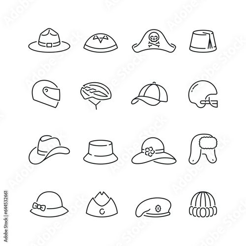 Vector line set of icons related with hats. Contains monochrome icons like hat, cap, kippah, beret, panama, fez and more. Simple outline sign.