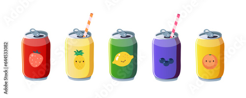 Various tasty Sodas in aluminum Cans with different fruit flavors. Kawaii style. 