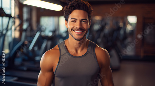 Muscular arabian man in sportswear  smiling and looking at the camera on the background of the gym. Personal trainer. The concept of a healthy lifestyle and sports.