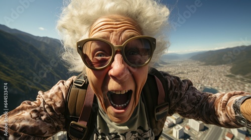 Funny elderly woman joyfully doing base jumping. Generative AI