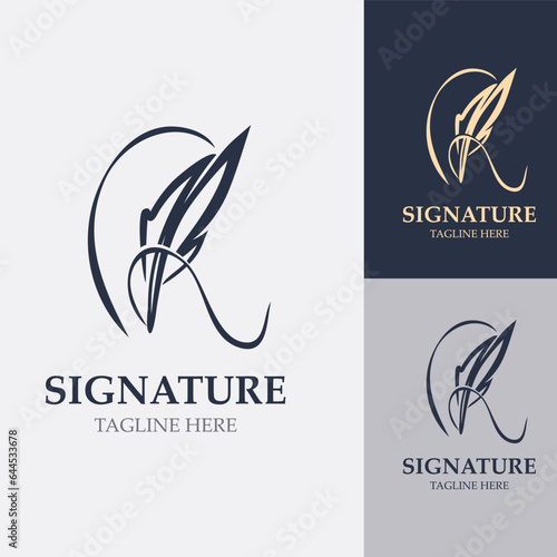 Feather and signature logo design minimalist business symbol sign template illustration