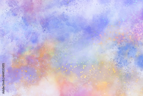 Abstract background, painted cloudy texture in pastel purple blue pink and yellow orange colors. Grunge distressed faded texture with mottled color splash design.