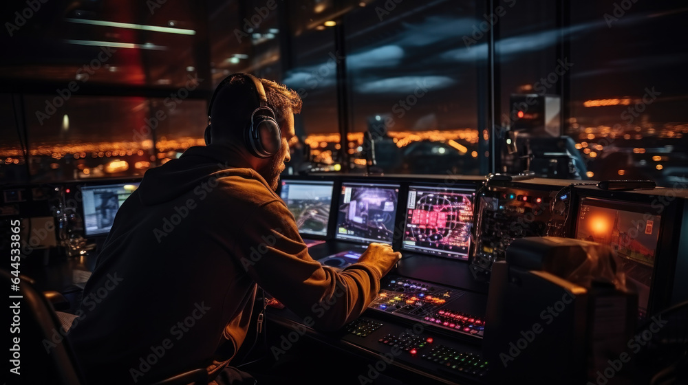 Air traffic controller worker. Office room with navigation screens,airplane departure and arrival data team. Airport tower concept.