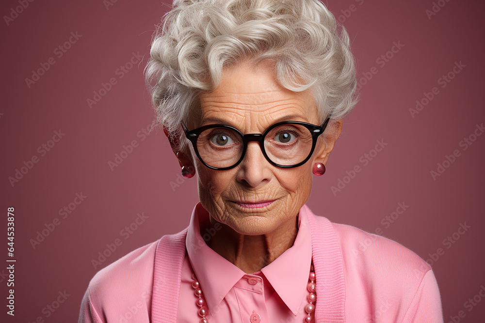 Studio portrait of trendy old elderly woman on different colour background 