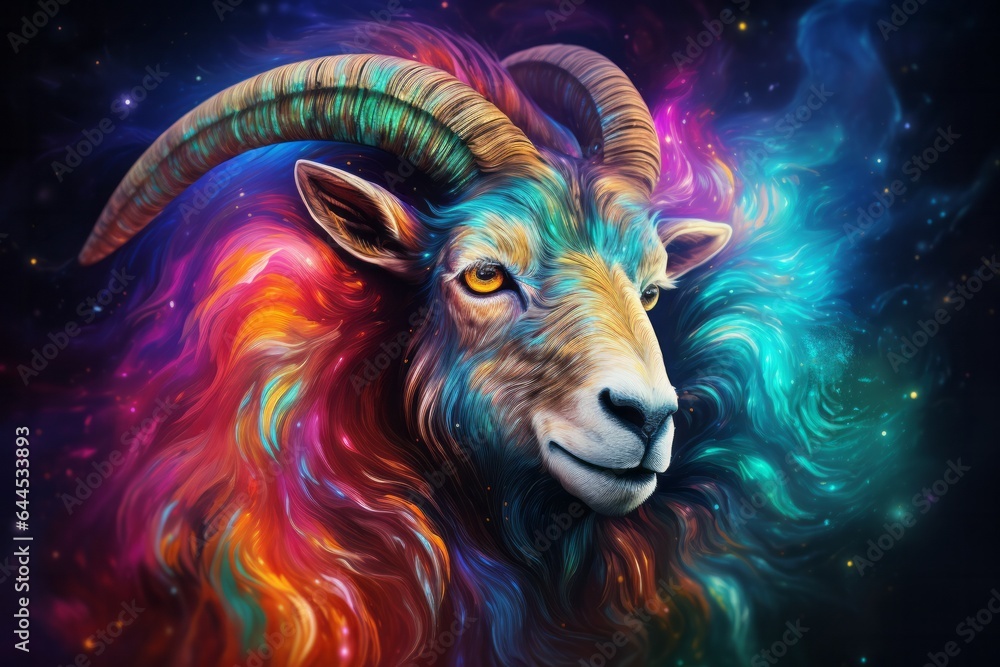 Portrait of Aries Zodiac sign in the night cosmic starry sky in neon rainbow colors watercolor illustration. Portrait of Aries Zodiac sign in the night cosmic starry sky in neon rainbow colors watercolor illustration.