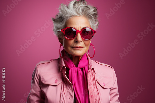 Studio portrait of trendy old elderly woman on different colour background  © gaukharyerk