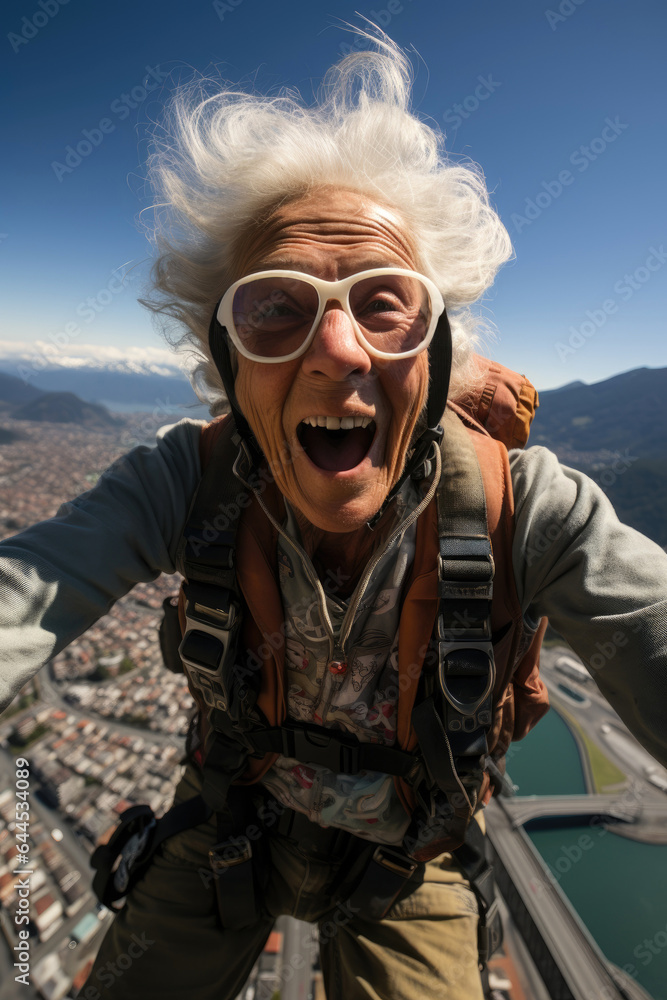 Funny elderly woman joyfully doing base jumping. Generative AI