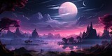 AI Generated. AI Generative. Purple pink landscape nature outdoor background. Mountains lake forest scene view adventure explore. Graphic Art