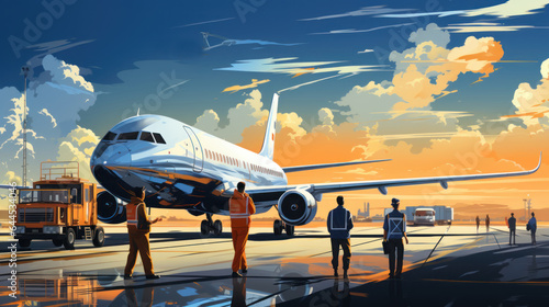 Airport terminal with passengers and cargo plane in the background. Vector illustration.
