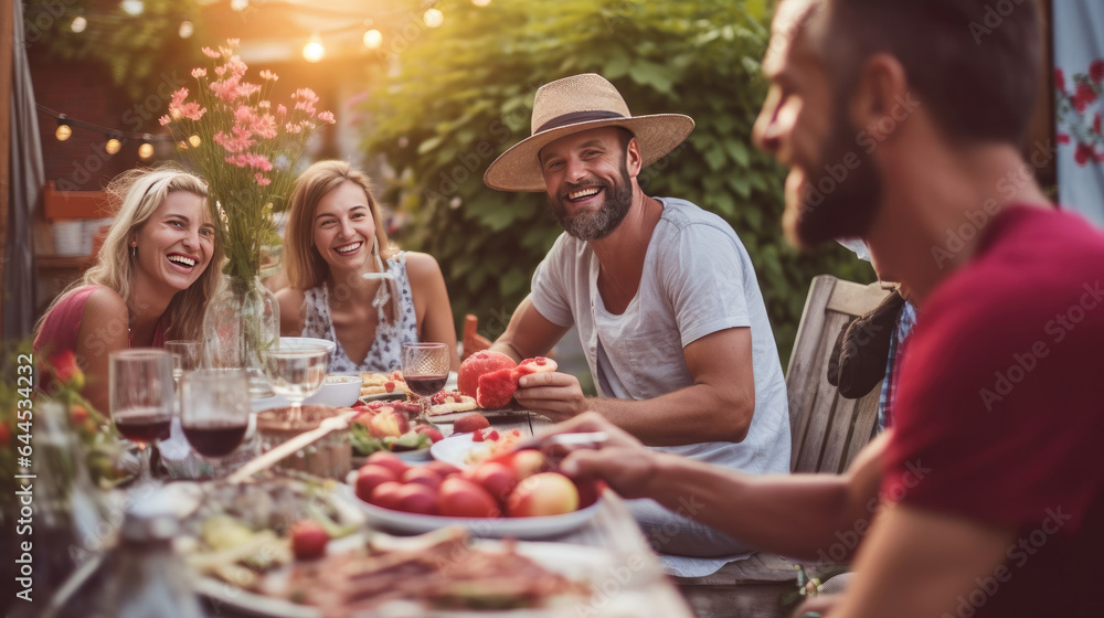 A family and friends outdoors, summer barbecue in backyard, enjoying food, laughter and togetherness. Generative Ai