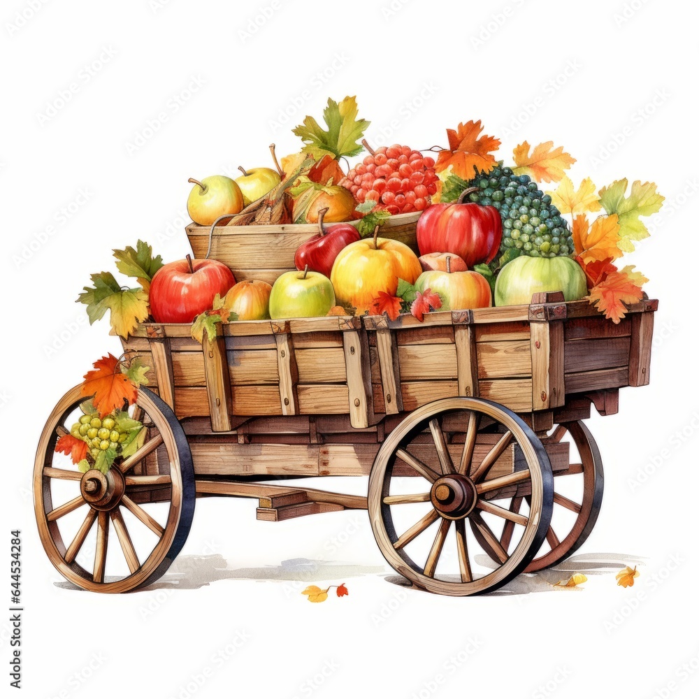 Watercolor illustration old wooden cart with autumn harvest of vegetables and fruits clipart by hand on white background.