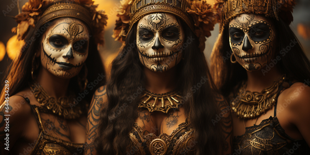 Frauen Gesichter Totenkopf Bemahlung spanische Religion für Dia de los Muertos, ai generativ Frauen Gesichter Totenkopf Bemahlung spanische Religion für Dia de los Muertos, ai generativ