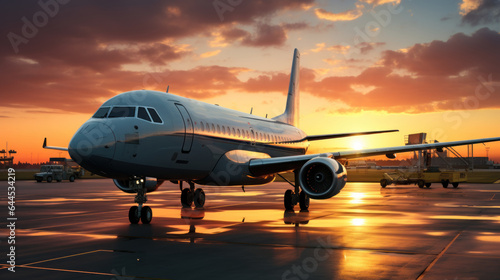 Airplane on the runway at the airport at sunset. Travel concept © AS Photo Family