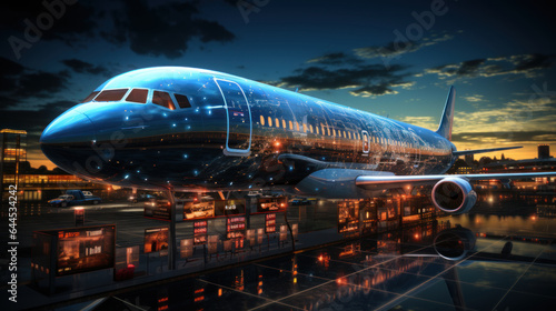 Airplane in the airport at night. Travel concept. 3d rendering