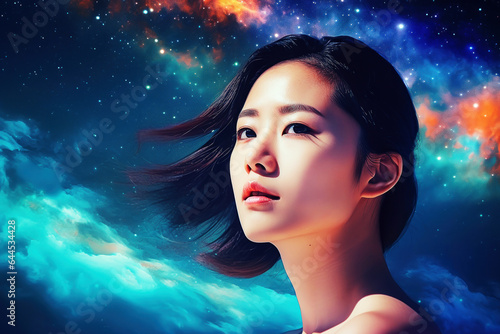Woman and space. Asian woman art portret