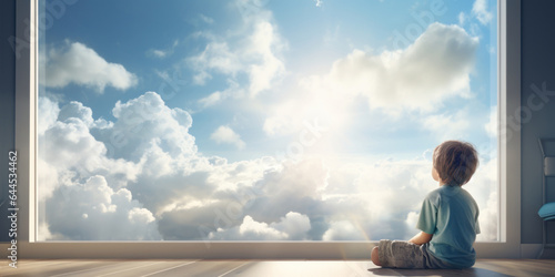 A boy is daydreaming sitting by a large window. He looks at the sun and the clouds. Wide format. photo