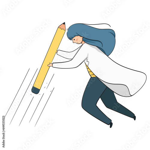cute doctor delete text lines with pencil tip. cute student illustration in white background