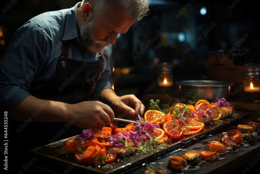 Culinary Artistry. Chef preparing an intricate dish, showcasing the fusion of flavors and creative presentation in cuisine. Generative Ai.