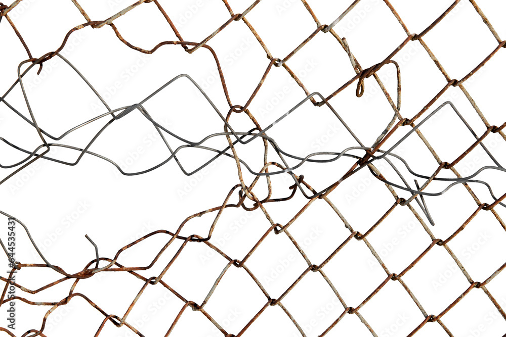 The texture of the metal mesh on a white background. Torn steel, metal mesh with holes. rusty wire The texture of the metal mesh on a white background. Torn steel, metal mesh with holes. rusty wire