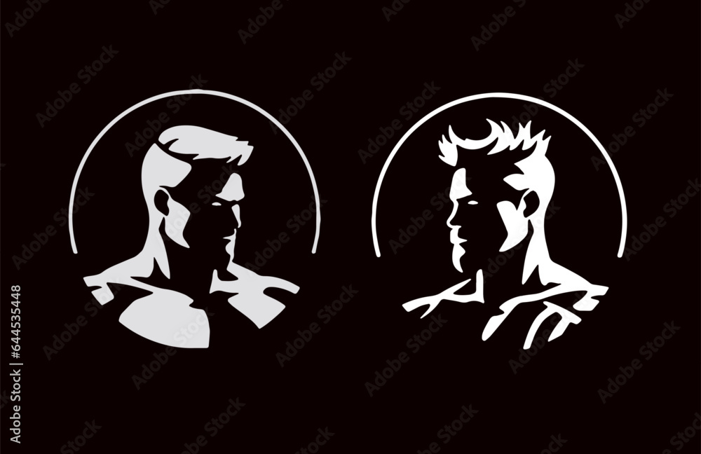Man profile icons. Strong face silhouette emblem for barbershops, grooming, hairdresser logos. Modern design, versatile concept, stylized, muscular men with modern hair. Vector illustrations Man profile icons. Strong face silhouette emblem for barbershops, grooming, hairdresser logos. Modern design, versatile concept, stylized, muscular men with modern hair. Vector illustrations