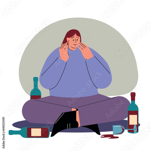 Alcoholism problem vector isolated illustration. Woman with substance abuse issue. Alcoholic woman flat characters on flat background. Bad habit colourful scene. Vector illustration