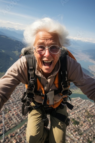 Funny elderly woman joyfully doing base jumping. Generative AI