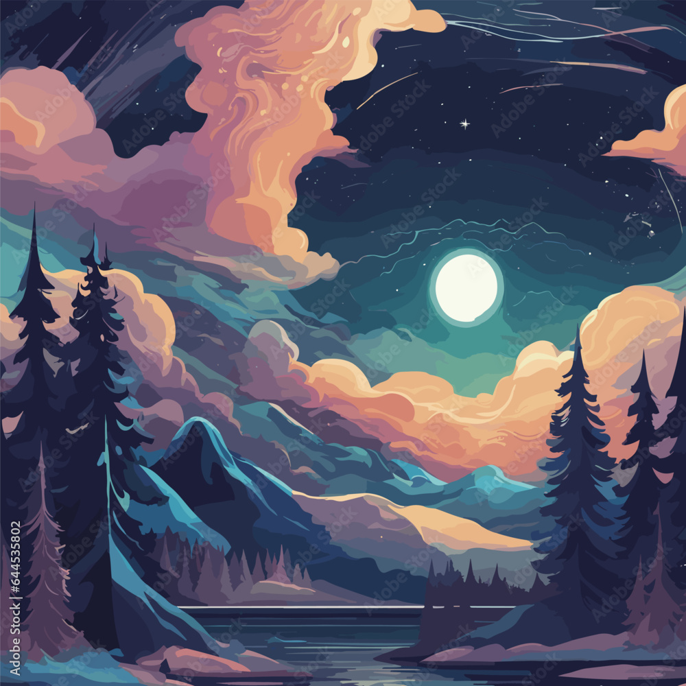 Design an intricate vector illustration that transports viewers to a captivating night sky filled with celestial wonders. Incorporate a touch of magic, the ethereal beauty of the aurora borealis, and