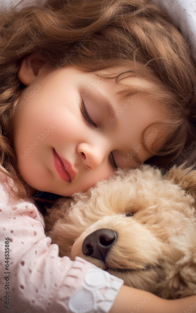 A little child sleep hugged at fluffy soft toy A little child sleep hugged at fluffy soft toy