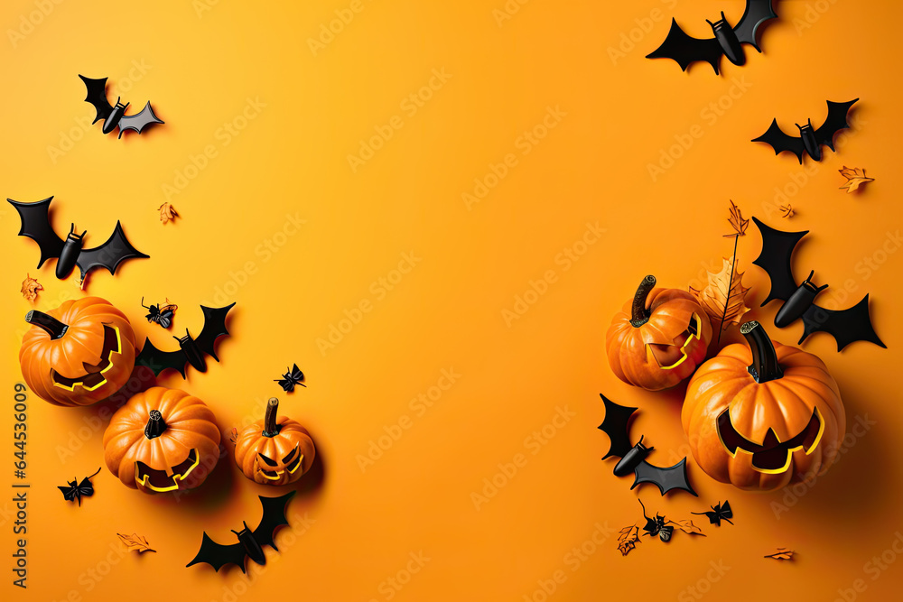 Top flat lay view of Halloween decorations with bats and pumpkins on orange background Top flat lay view of Halloween decorations with bats and pumpkins on orange background