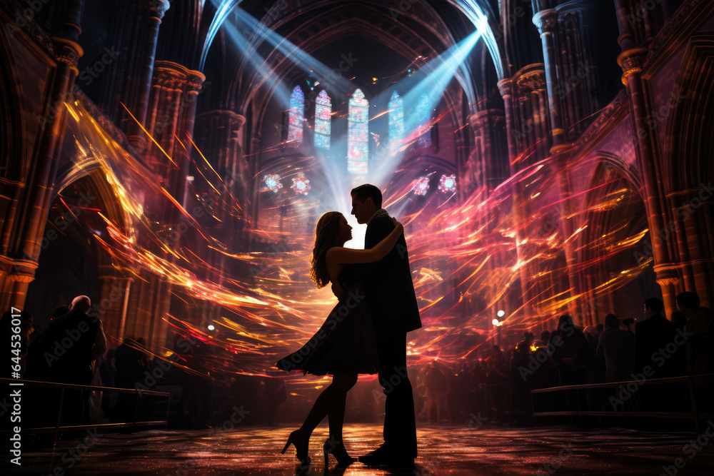 A couple dances at a New Year's Eve party, set against the backdrop of a historic venue adorned with modern light installations, capturing spirit of blending old and new celebrations. Generative Ai.