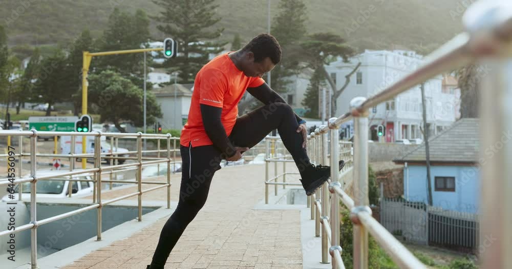 Black man, stretching legs and running in city, exercise and cardio with health and wellness outdoor, Start, fitness and runner on urban bridge, healthy and active with workout, training and race Black man, stretching legs and running in city, exercise and cardio with health and wellness outdoor, Start, fitness and runner on urban bridge, healthy and active with workout, training and race