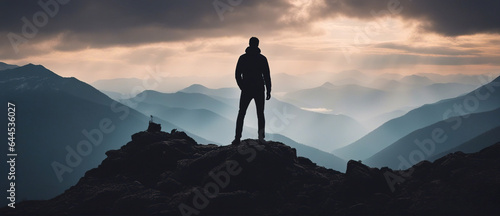 A wide-angle shot of a silhouette of a man standing on top of a mountain and looking at a beautiful panorama of the mountain landscape against sunset sky.