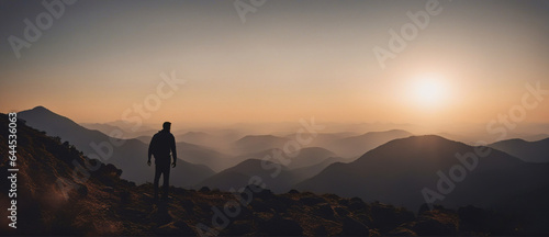A wide-angle shot of a silhouette of a man standing on top of a mountain and looking at a beautiful panorama of the mountain landscape against sunset sky.