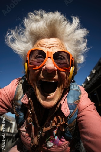 Funny elderly woman joyfully doing base jumping. Generative AI