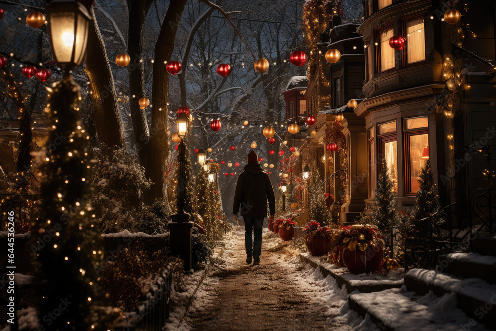 A person captures the magic of a holiday light display in a historic neighborhood, where old-fashioned lamp posts are intertwined with modern LED illuminations. Generative Ai.