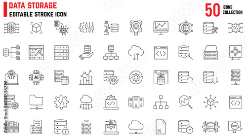 Collection of Data related editable stroke icons, includes data storage, cloud storage data, technology services, server, Data thin line icons