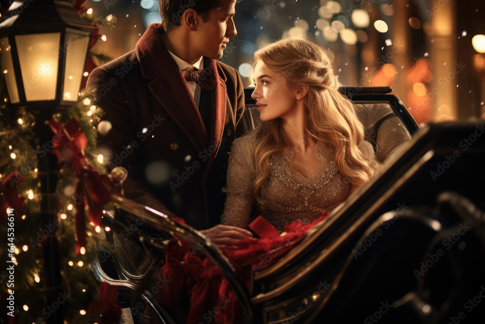 A couple enjoys a romantic carriage ride through a holiday-decorated city, passing by historic landmarks and modern attractions. Generative Ai.