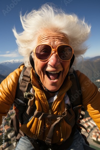 Funny elderly woman joyfully doing base jumping. Generative AI