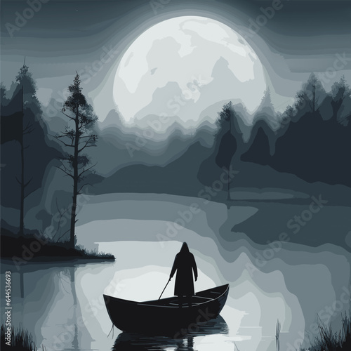 spooky, moonlit lake surrounded by dense, tangled forests. A ghostly figure emerges from the water, while a foggy mist envelops the scene, adding an ethereal touch