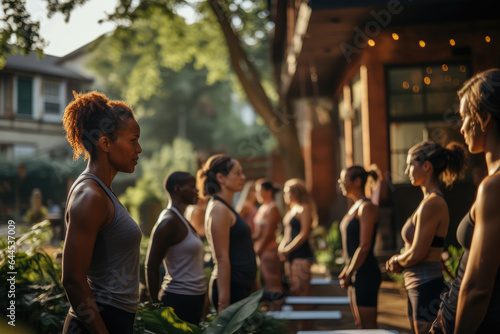 Neighbors take part in a community workout class, prioritizing health and connection as they exercise together in a shared space. Generative Ai.