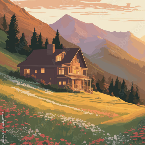 Visualize a complex vector composition of a mountain landscape at dawn, with the rising sun casting a warm glow on a picturesque house nestled amid verdant slopes and blooming wildflowers.