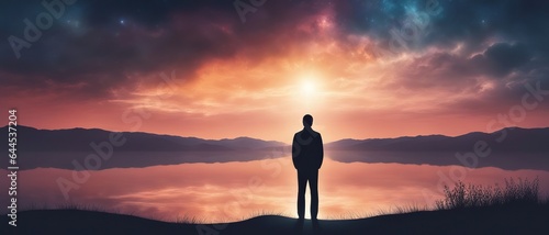 Silhouette of a lonely man looking at a fantastic landscape with a shining sky, a mountain landscape on a lake background