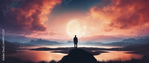 Silhouette of a lone man standing alone on a mountaintop looking up at the shining moon over a fantastic mountain landscape and lake