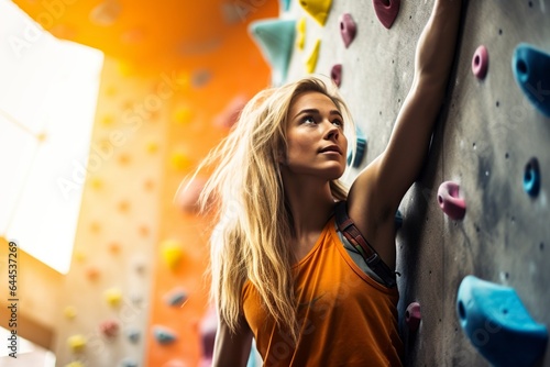 Young and beautiful sports woman, with a strong body, in an indoor climbing gym.