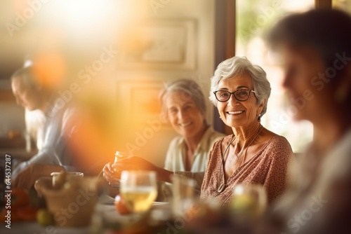 Older woman at a family meal, matriarch of her family.