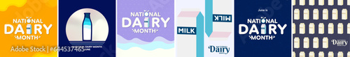 National Dairy Month Poster Set, celebrated on June. Illustration of Milk carton and glass of milk. Milk carton pattern, National Dairy month typographic design poster. Vector Illustration.
